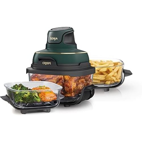 Ninja Crispi 5-in-1 Portable Glass Air Fryer, 4-QT, 2.5-QT & 6-Cup Glass Containers with Crisper Plates & Storage Lids, Microwave, Freezer & Dishwasher Safe, British Racing Green, FN103BF