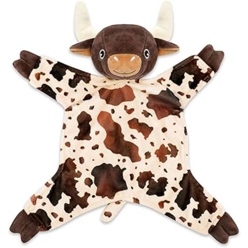 Longhorn Baby Security Blanket Lovey Baby Shower Cow Spotted Cowhide Print Stuffed Cow Snuggler First Birthday Unisex Baby Plush Sleeping Plushie Items Nursery Newborn Gift