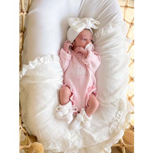 Pink pointelle frill baby announcement romper