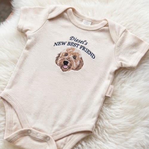 New Best Friend Embroidered Custom Pet Portrait Baby Onesie - Protected By Dog Bodysuit - Pet Sibling Outfit - Dog Newborn Onesie Gift