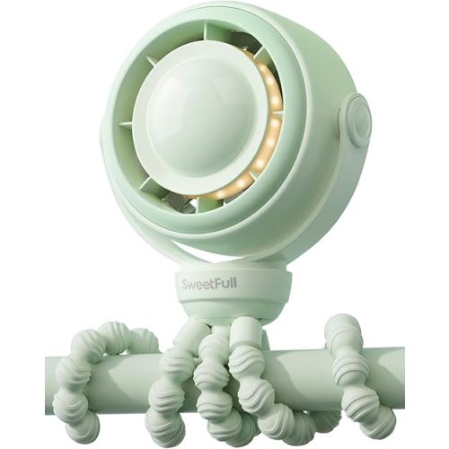 SWEETFULL Baby Stroller Fan - 4000mAh Rechargeable 4-Speed Quiet with LED Display & Night Light, Mini Portable 360° Clip On Safe Fan for Car Seat, Crib, Travel - Green