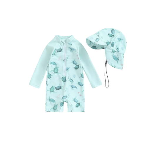 Loicainy Baby Toddler Boy Swimwear Set, 3 6 12 24 Months 2T 3T Whale Print Long Sleeve Rash Guard Swimsuit Sun Hat Toddler Bathing Suit Outfit