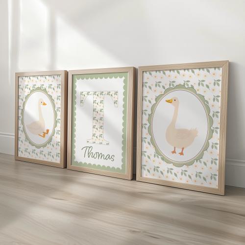 Personalised Goose Nursery Print Set – Custom Name & Initial Wall Art – Farmhouse Baby Room Decor, Optional Frames