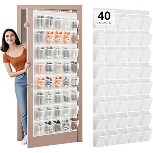 40-Pocket Over the Door Shoe Organizer - Large Mesh Pocket Hanging Shoe Rack for Door, Shoes Storage Holder Sturdy Non-woven Fabric - Stores 20 Pairs (White02)