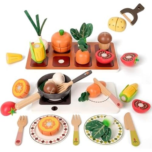 Wooden Play Food Sets for Kids Kitchen, 3-in-1 Farm-to-Kitchen Pretend Play