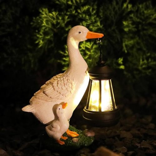 Garden Duck Statue with Solar Lantern, 7.7 Inches Resin White Duck Figurines Light Yard Art Sculpture Outdoor Decor for Patio Lawn Backyard Porch Ornaments