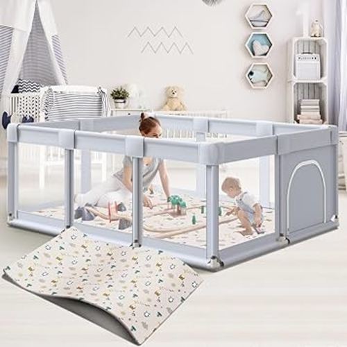 Baby Playpen 74x50 in PlayPen for Babies and Toddlers, Large Play Yards for Indoor & Outdoor with Zipper Gates, Breathable Mesh with Mat