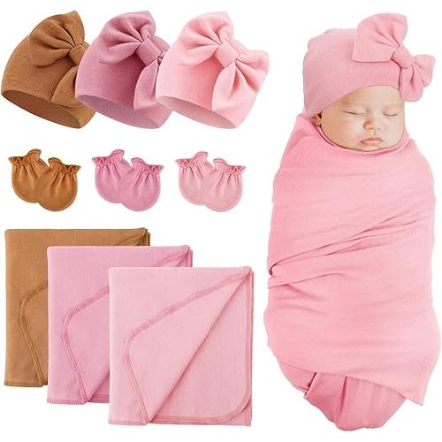 DRESHOW BQUBO Newborn Receiving Blanket Bow Hat Gloves Set Cotton Warm Baby Swaddle Blanket Wrap Baby Sleep Sack Shower Gift