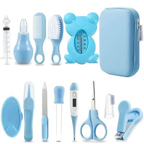 PandaEar Baby Healthcare and Grooming Kit, Baby Safety Set Baby Comb, Brush, Finger Toothbrush, Nail Clippers, Scissors, Nasal Aspirator, Baby Essentials Nursery Care Kit (13-in-1 Blue)
