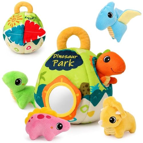 Baby Toys 6-12 Months - Soft Baby Stuffed Dinosaur with 5 Sensory Dinos - Rattle, Crinkle Paper, Squeaker, Mirror, Busy Montessori Plush Toys for Toddlers 0-3 Years Old - Christmas Birthday Gift