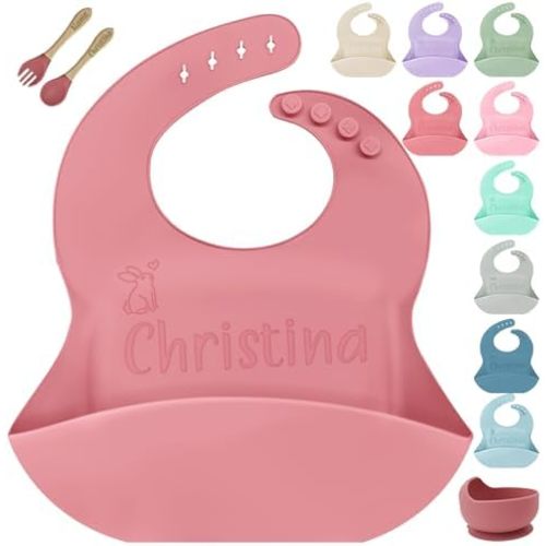SRdrew Personalized Silicone Bibs Set Custom Engraved Name Icon Toddler Bib Durable Adjustable for Boy Girl