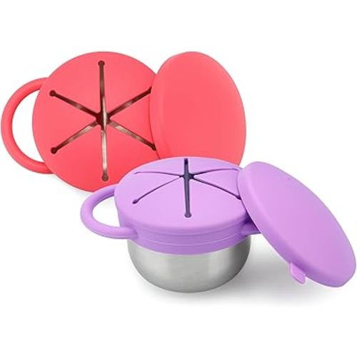 PandaEar 2 Pack Stainless Steel Snack Containers for Toddlers, Spill Proof Baby Snack Cups with Silicone Slotted Lids & Dust Covers, Travel Food Bowl with Handles, BPA Free (Rose Red & Purple)
