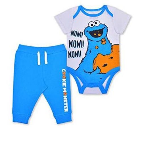 Sesame Street Boy's 2-Pack Cookie Monster Short Sleeve Baby Bodysuit Creeper and Jogger Pant Set