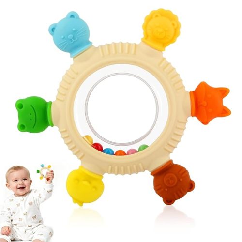 Baby Teething Rings Toys for 0-6 6-12 Months Animal Rattle Teether Sensory Toys for Babies 0-24Months Silicone Teether Relief Chew Soothing Sore Gums for Newborn Infant Essentials BPA Free (Animal)