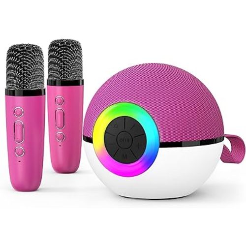 goopow Mini Karaoke Machine Speaker for Kids Adults, Portable Bluetooth Microphone Song Toys with LED Light, Best Chritmas Birthday Festival Gift for 3 4 5 6 7 8+ Year Old Girls Boys (Hotpink-2MIC)