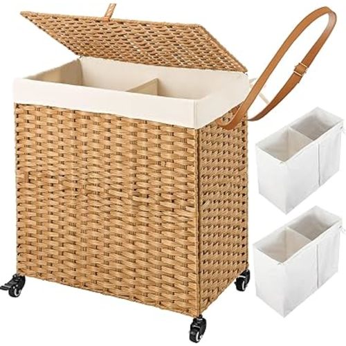 Greenstell Laundry Hamper with Wheels, No Install Needed, 110L Divided Handwoven Hampers & 2 Removable Liner Bags, Synthetic Rattan Clothes Laundry Basket with Lid & Handles, Foldable Hampers Natural