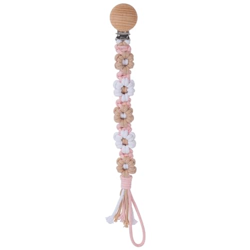 Pacifier Clip for Boys Girls Floral Daisy Macrame Baby Paci Clip Pacifier Holder Leash Boho Wooden Clips Handmade Braided Cotton Binky Clips (1pack:Khaki Style B)