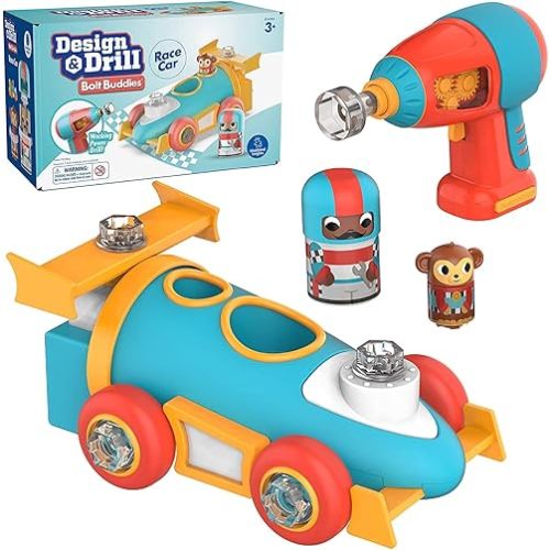 Educational Insights Design & Drill Bolt Buddies Race Car - Construction Toys & Toddler Tools, Kids Tool Set with Real Electric Drill Toy, Take Apart STEM Set, Building Kit & Gift for Ages 3+