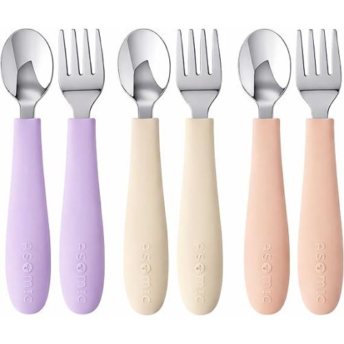 ASOMIC® Toddler Utensils, 6-Piece Kids Silverware Set with Silicone Handles, 3 Forks & 3 Spoons, Premium 316 Stainless Steel, Dishwasher Safe (Pink/Lavender/Ivory)