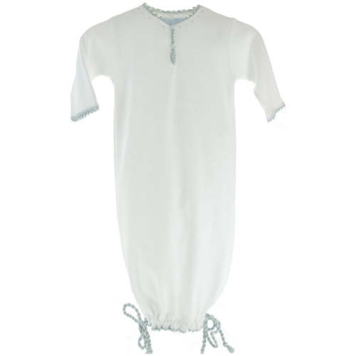 Boy Coming Home Gown Drawstring Hem White Blue Crochet Trim