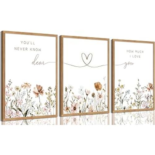 3Pcs Framed Boho Nursery Wall Art Flower Botanical Sentence Painting Picture Wall Decor Wildflower Children's Room Poster Print Artwork for Nursery Baby Room Living Room Bedroom Home Decoration
