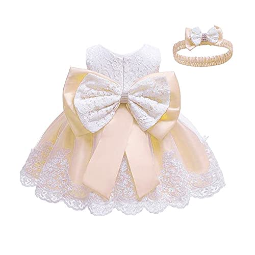0-6T Baby Girls Embroidered Lace Easter Tutu Gown Toddler Big Bowknot Party Pageant Wedding Christmas Lace Dresses with Headwear White+Champagne 6M