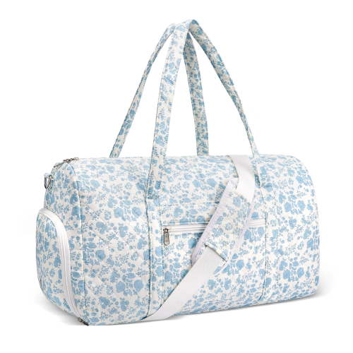 Quilted Duffel Bag B-Blue Flowers Travel Gym Weekend Organizer