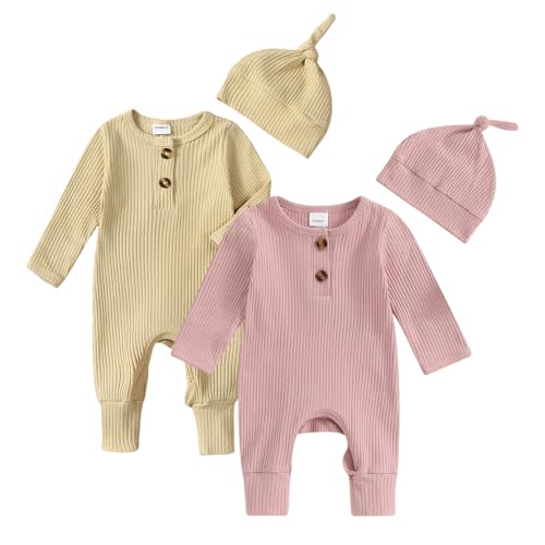 Infant Boys Girls Clothes Set Newborn Baby Romper Hat Ribbed Knit Long Sleeve Button Solid Bodysuit Jumpsuit