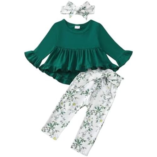 Kucnuzki Baby Girl Clothes Toddler Girl Outfit Ruffle Sleeve Shirt Floral Pant Set Fall Winter Clothing for Girl