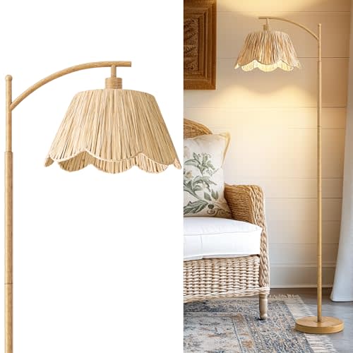 Oneach Boho Floor Lamp for Living Room, Farmhouse Standing Lamp with Foot Switch, Corner Reading Lamps for Bedroom with Hand-Woven Shade, Light Woodgrain Metal Base & Pole