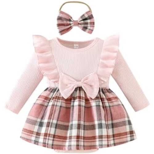 Magic Park 0-24M Baby Toddler Girls Ruffle Long Sleeve Bodysuit Ribbed Plaid Romper Dress Fall Winter Outfit with Headband