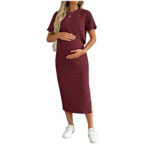 SHENHE Women's Maternity Ribbed 2 Piece Outfits Short Sleeve Crop Top Bodycon Slit Midi Skirt Set