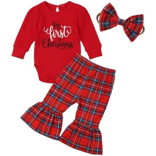 My First Christmas Baby Girl Outfit Newborn Ribbed Onesie Bell Bottoms Infant Romper Flare Pants Set