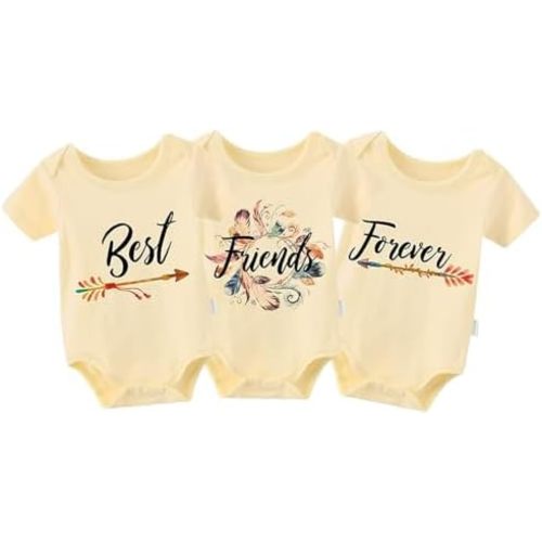 YSCULBUTOL 3 Pack Triplets Baby Bodysuits Born Together Friends Forever Unisex Infant Cotton Romper Triplet Outfits 0-12M
