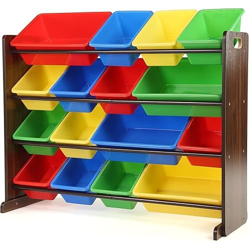 Humble Crew Toy Storage Organizer with 16 Removable Storage Bins for Kids Playroom, 4-Tier Toddler Toy Organization and Storage, Walnut/Primary