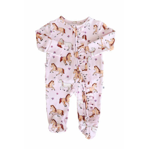 Ruffle Zipper Footie in Pony Club Pink | Caden Lane