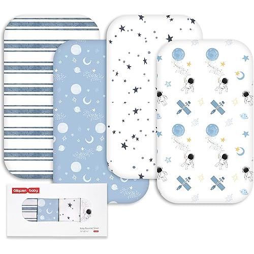 Gllquen Baby Bedside Sleeper Sheets 33x20 Inch 4 Pack - Fitted Crib Mattress Covers, Ultra Soft Oeko-TEX Certified Bassinet Sheets for Girls Boys, Gift Ready Box for Baby Shower (Astronaut)