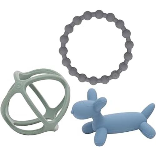 WeeSprout Silicone Baby Teether Toys for Infant Babies and Toddlers, Cute Ring, Puppy Dog, and Ball, Soft and Flexible, BPA Free, Boys and Girls (Matte Dark Gray, Blue & Green)