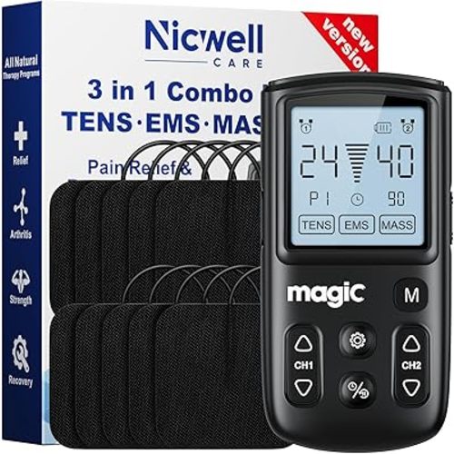 Tens Unit Muscle Stimulator Machine - Dual Channel Electronic Pulse Massager, Tens EMS Machine for Pain Relief Therapy with 10 Electrode Tens Unit Replacement Pads (2"x2")
