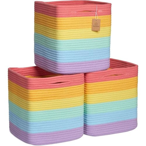 NaturalCozy Storage Cubes 11 Inch Cotton Rope Woven Baskets for Organizing, 3-Pack | Cube Storage Bin | Square Storage Baskets for Shelves Organizer, Classroom, Kids Toy Bins, Closet, Baby Nursery