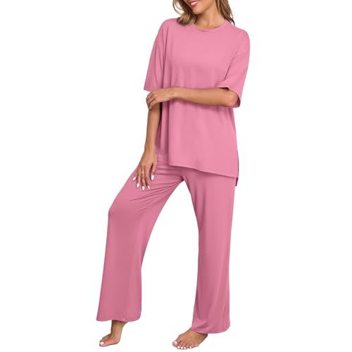 PrinStory Pajamas for Women Soft Pjs Lounge Set S-4XL | Short Sleeve Tops and Long Pants, 2 Piece Stretchy Pjs Set with Pockets for Sleep, Home, Travel, Vacation, Maternity, Nursing