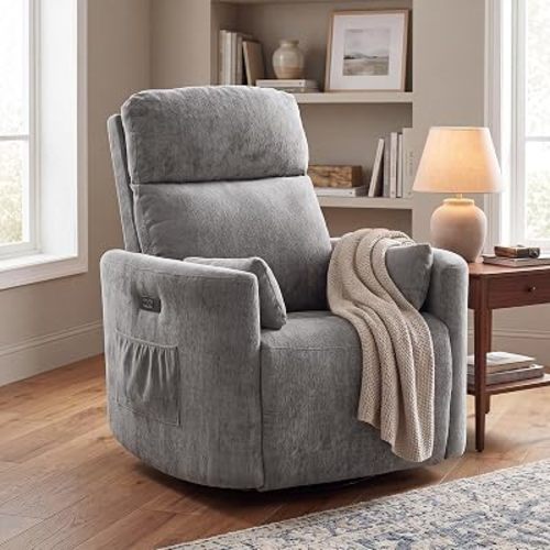 Oversized Power Recliner with Massage and Heat，Rocking Chair Nursery with Adjustable Headrest,Swivel Rocker Recliner with 2 Pillows for Living Room，Dark Grey
