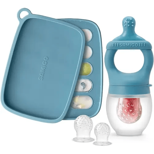 SAMiGO Baby Food Fruit Feeder and Breastmilk Popsicle Mold Set, Silicone Fruit Teether, Food Feeder Pacifier for Teething Relief, Freezer Tray, Baby Feeding Essentials, 4 Months+