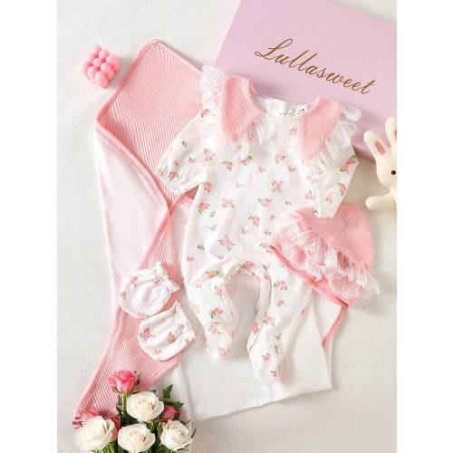 SHEIN Newborn Gift Set, Soft Ribbed Pattern With White Ditsy Floral, Delicate White Lace Trim, Comfortable And Stylish Fit, High-Quality Newborn Gift Choice | SHEIN USA
