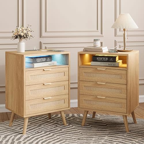 Rattan Nightstand Set of 2 with Charging Station and Led Lights and 3 Drawers, Boho Night Stand Set 2, Bedside Table Bed Side Table Sofa Table, End Tables Living Room,Bedroom(2 Pack)