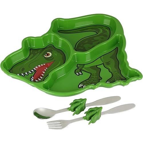 KidsFunwares T-Rex Dinosaur Me Time Meal Set, Portion Control Divided Plate with Fork and Spoon for Kids
