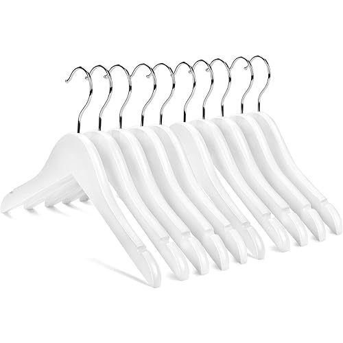 Nature Smile Kids Baby Children Toddler Wooden Shirt Coat Hangers with Notches and Anti-Rust Chrome Hook Pack of 10 (White)