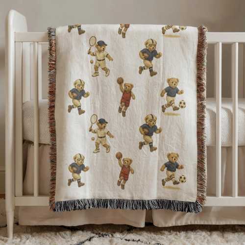 Sports Teddy Bear Blanket Custom Vintage Style Bear Baby Gift Nursery Decor Bedroom Cozy Vintage Style Plaid Woven Blanket bear