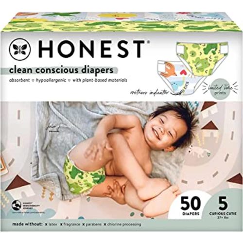 The Honest Company Clean Conscious Diapers | Plant-Based, Sustainable | Spring '23 Limited Edition Prints | Club Box, Size 5 (27+ lbs), 50 Count
