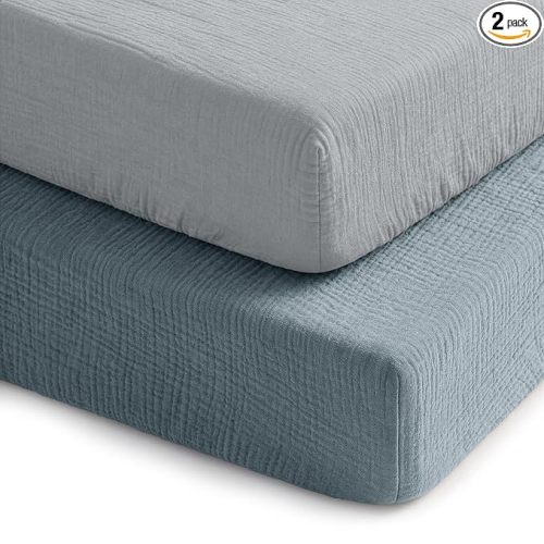Comfy Cubs 100% Muslin Crib Fitted Sheet 2 Pack, Pacific Blue and Heather - 100% Cotton, Soft & Breathable Crib Sheets for Toddler Mattress - Snug Fit, Secure Elastic with Beautiful Packaging